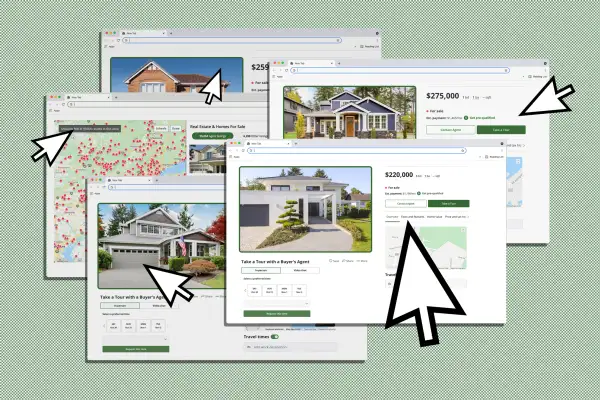 Multiple web browser tabs with posts of houses on sale