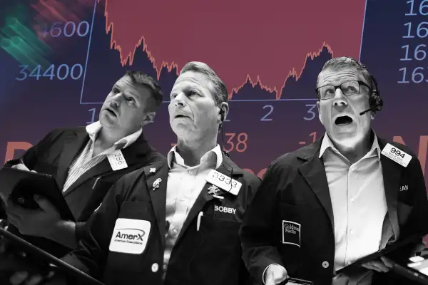 Collage of three stressed traders from the New York Stock Exchange with a negative stock board in the background