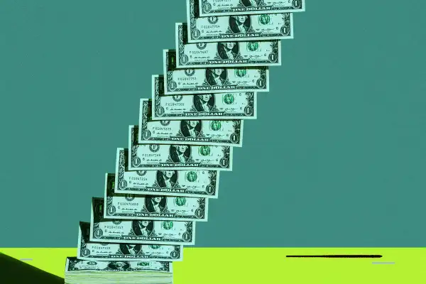 Many US 1 dollar bills ascending diagonally from a stack of bills on yellow shelf, green background