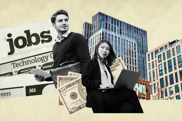 Collage of two young professionals working on their mobile devices with a building, money and a newspaper with job posts in the background.