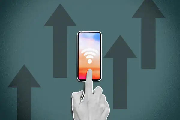 Photo of a hand using a cel phone, the wi-fi icon is on the screen and arrows pointing upwards refer to the rising cost of hidden fees.