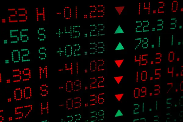 Close-up of Stock Market price numbers in red and green