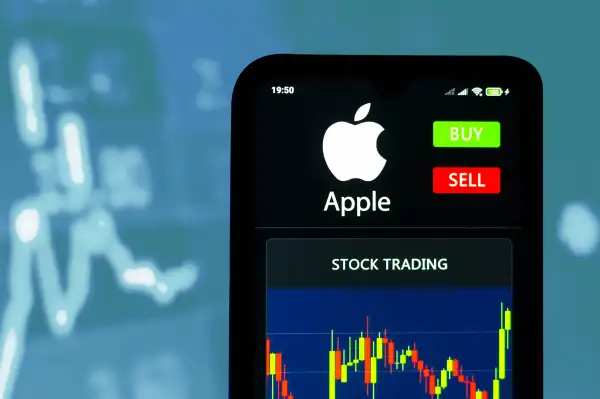 Close up of a smart phone with Apple Stock Market and the buttons  Buy  or  Sell