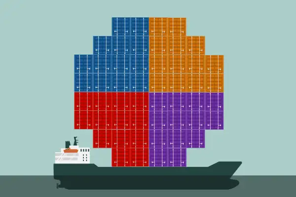 Illustration of a ship with a stack of shipping containers on it in a loose shape of a pie chart portfolio