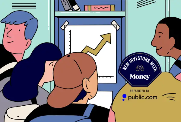 A group of students looking at the investing chart at a school locker.