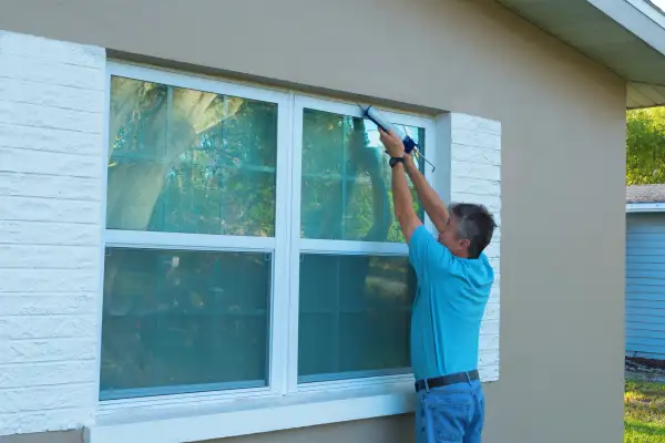 Man weatherproofs his house windows with caulk.