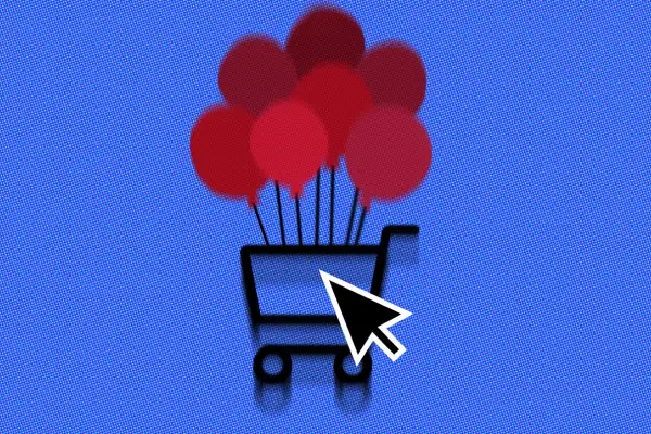 Close up of a digital screen showing a cursor arrow clicking on a shopping cart icon being lifted by balloons due to inflation.