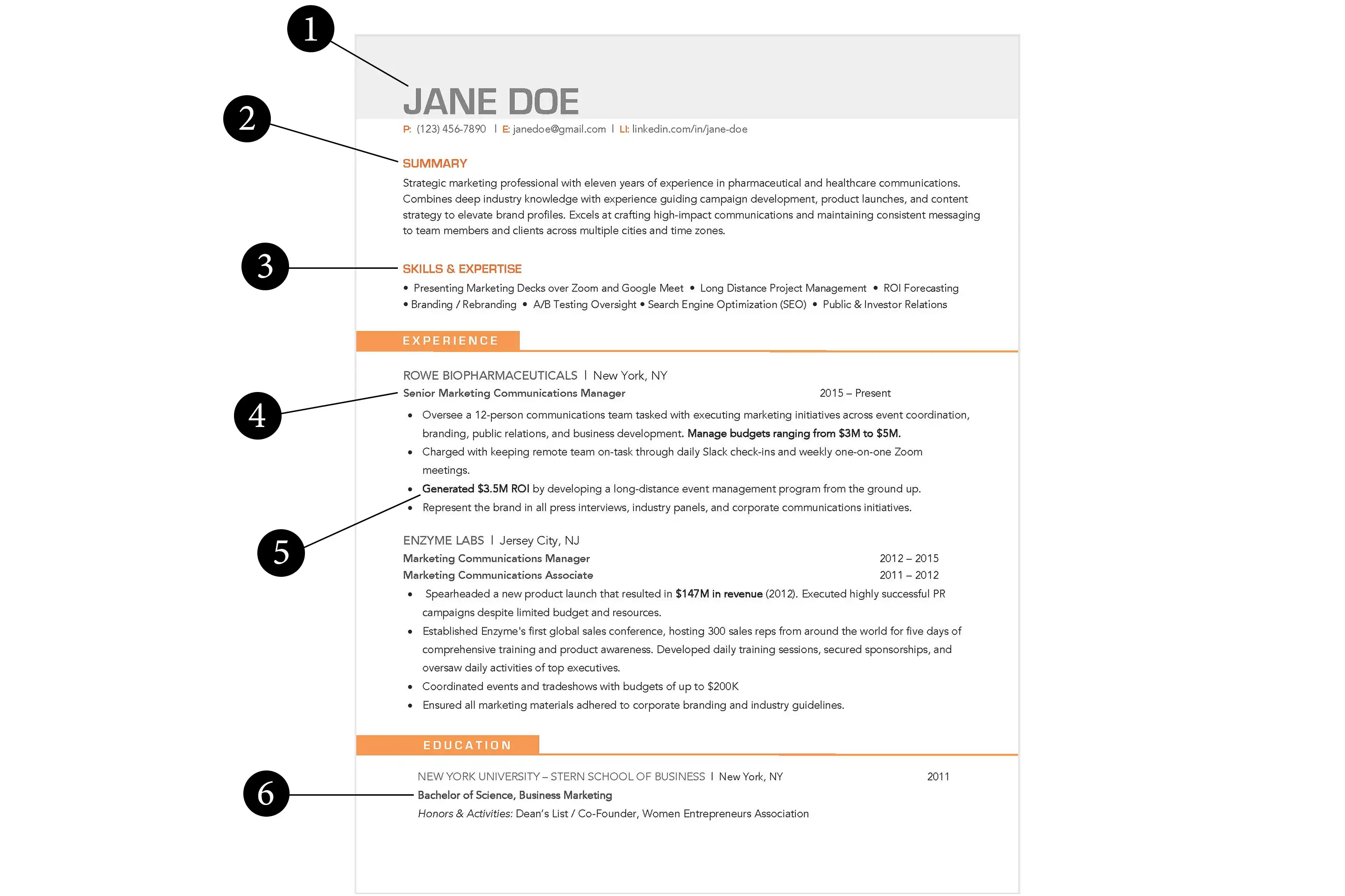 Resume example with annotations
