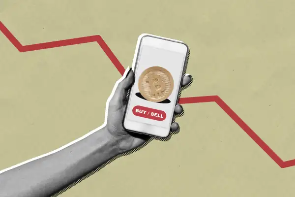 Collage of a hand holding a smart phone with a red button that says  Buy / Sell  Bitcoin and a negative stock chart in the background