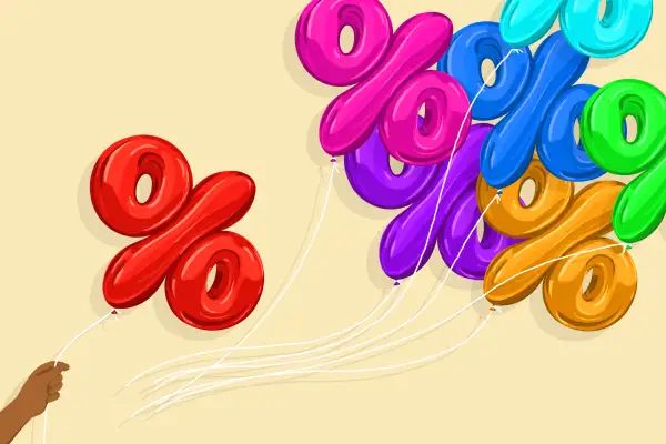 Illustration of multiple balloons in the shape of a percentage sign flying away while a hand holds one still