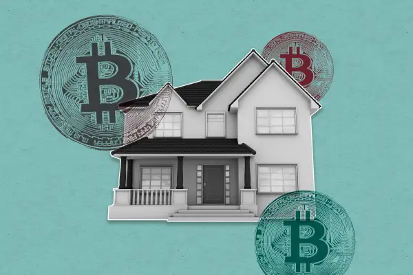 House illustration with many crypto coins stamped on top of it