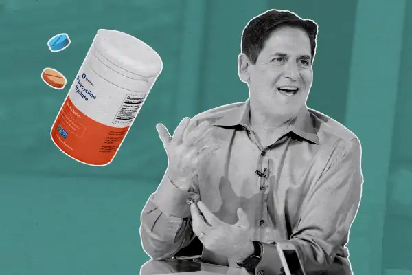 Mark Cuban and a picture of a pill bottle from his company