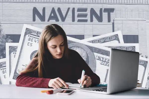 Collage of a student studying on their laptop with multiple hundred dollar bills in the background and the Navient corporate building