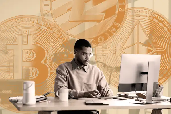 Photo collage of a man working on his computer from home with crypto currency coins in the background