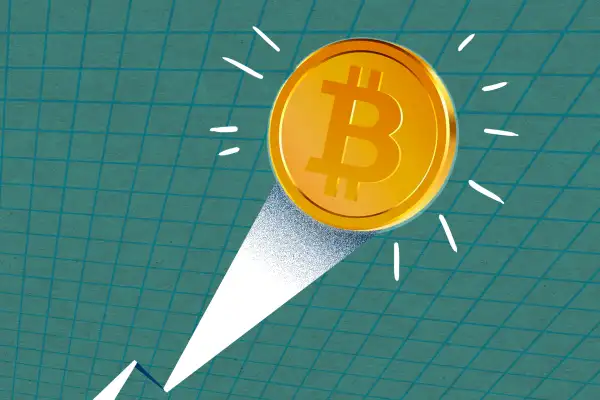 Illustration of a Bitcoin coin soaring to new heights