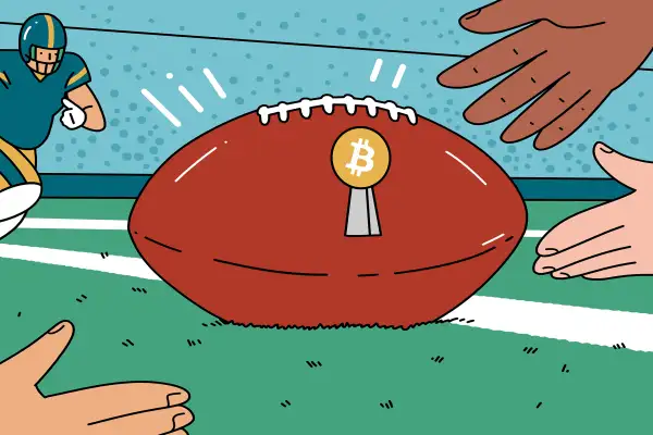 Illustration of players during a Super Bowl game trying to grab a loose football that has a Bitcoin ribbon