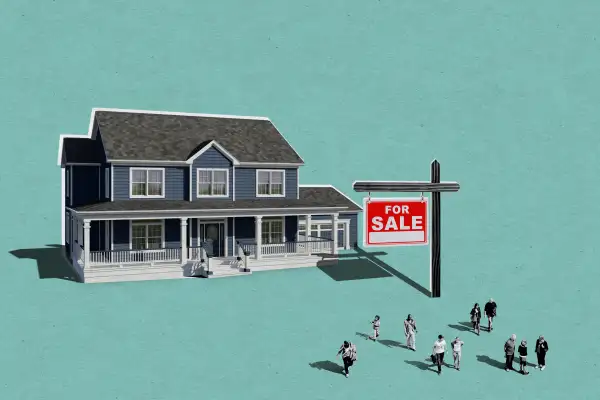 Illustration of a house for sale and many people walking away from it