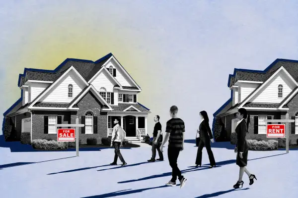 Collage of multiple people walking towards a house for sale versus a house for rent