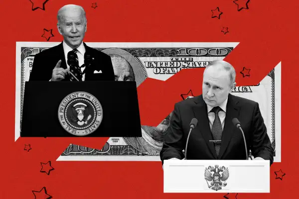 Collage of Joe Biden and Vladimir Putin with a ripped hundred dollar bill in the background