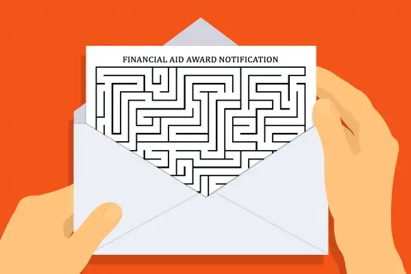 Illustration of hands holding an open envelope containing a Financial Aid Award letter with a maze instead of words