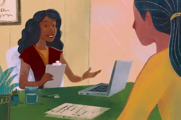 Illustration of a woman interviewing a person in an office