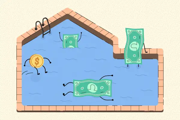 Illustration of dollar figures swimming in a pool shaped like a house