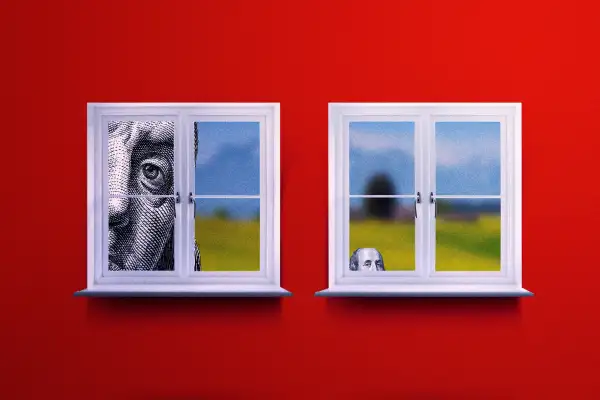 Photo-Illustration of two windows with one big version of Benjamin Franklin peeping in and the other one is smaller