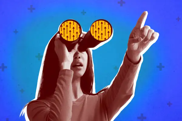 Collage of a woman looking up through binoculars with arrows going up reflected in the lenses