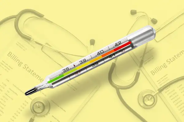 A collage of a thermometer with ascending colors from green to red and medical bills in the background