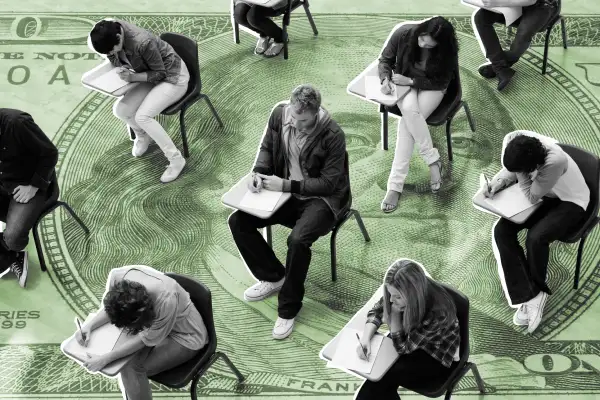 Collage of multiple students taking the SAT test on spread out desks with a 100 dollar bill in the background