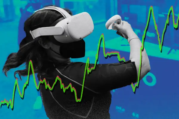 Photo illustration of a woman using a virtual reality headset with an illustrated graph superimposed on top