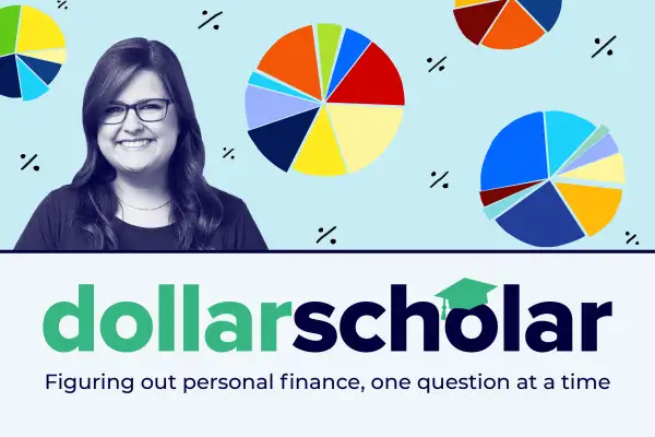 Dollar Scholar Banner with multiple pie charts and percentage signs in the background
