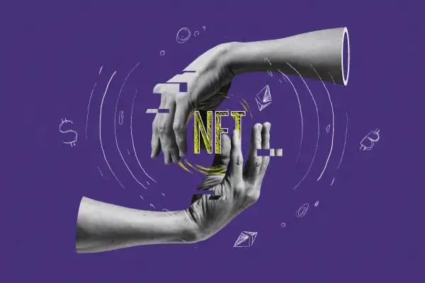 Photo illustration of two hands holding the words  NFT  surrounded by illustrated crypto coin elements