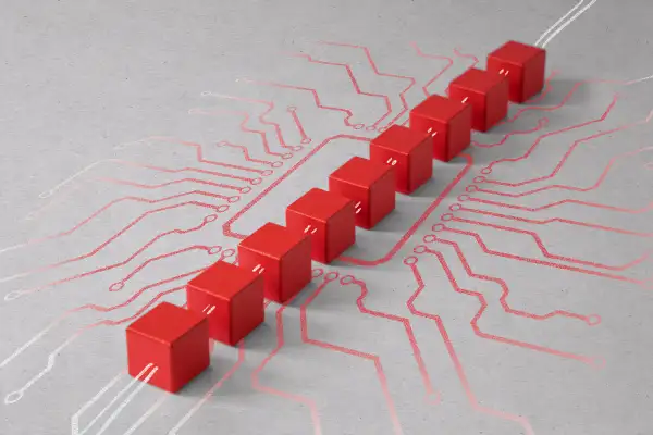 Conceptual Illustration of many blocks connected by digital wiring to illustrate the concept of a blockchain