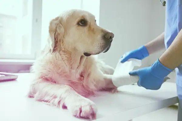 Cute dog gets it's paw bandaged by a vet