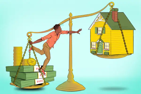 Illustration of an unbalanced scale where the heavier side has a man, standing on top of money, reaching out to the lighter side with a house for sale