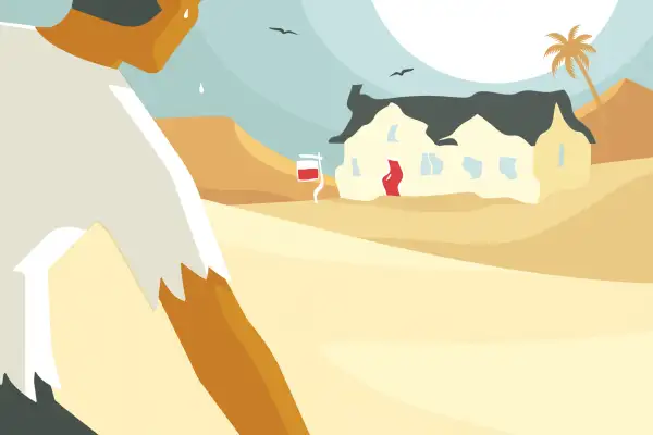 Illustration of a man walking in the desert towards a mirage that looks like a house for sale