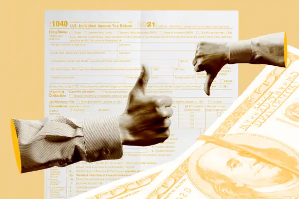 Collage of a hand with a thumbs up and a hand with a thumbs down next to a pile of money and a 1040 Tax Return form