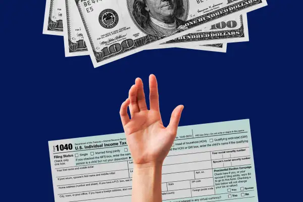 Collage of an extended hand, coming from a 1040 Tax form, reaching for a couple of hundred dollar bills