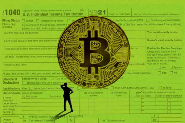 Photo collage illustration of a giant crypto coin superimposed atop of an income tax return form while a confused person looks at it