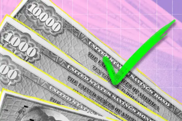 Photo collage illustration of some US savings bonds and a green checkmark drawn on top of them