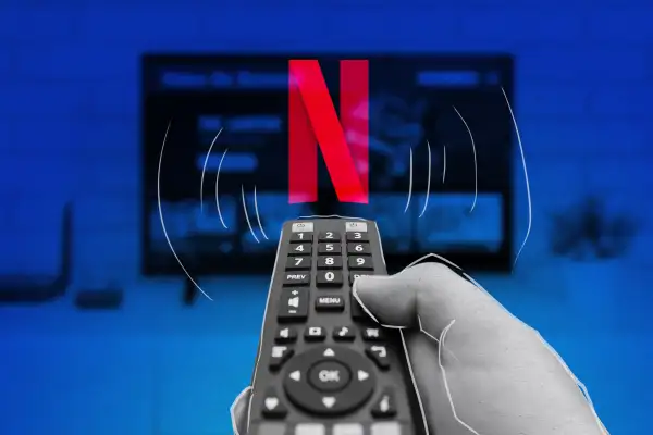 Photo illustration of a person using a remote control and TV to watch Netflix