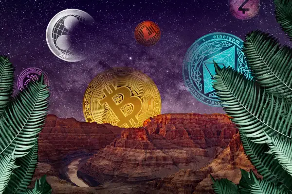 Surreal collage of a galaxy with different cryptocurrency coins as planets.