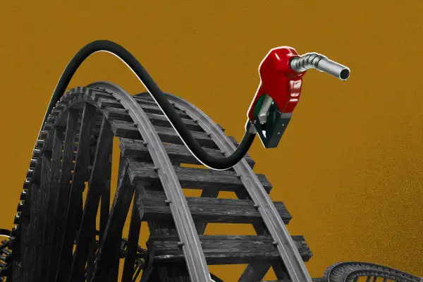 A photo collage illustration of a gas pump nozzle going up and down the rails of a roller coaster