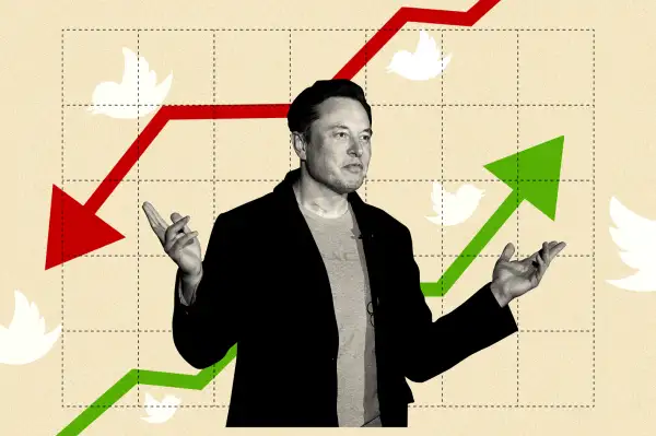Collage of Elon Musk and a stock chart in the background, with an ascending green arrow and a descending red arrow