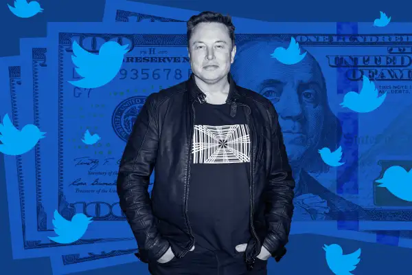 Collage of Elon Musk with multiple hundred dollar bills and the twitter bird icon in the background