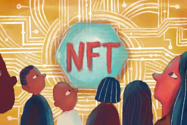 Illustration of people looking at an NFT with cryto-bitcoin like markings