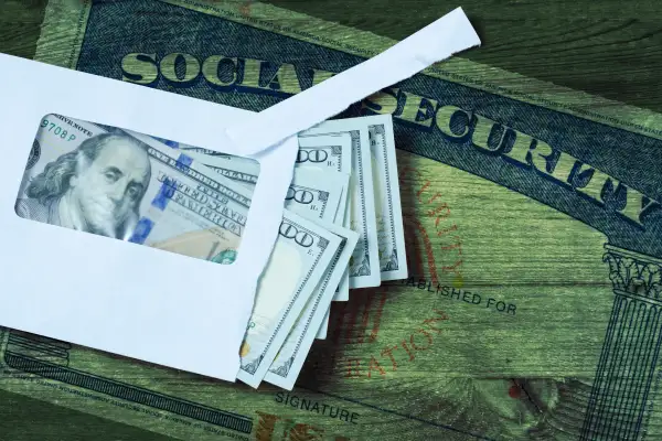 Photo collage of an envelope full of hundred dollar bills and a Social Security card overlaid in the background