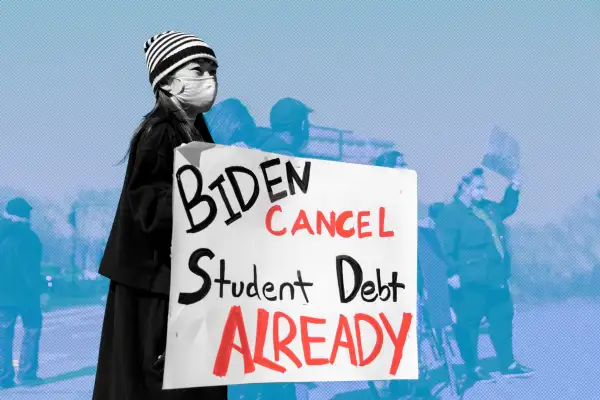 Demonstrators protest near Grand Army Plaza during a rally to cancel student loan debts.