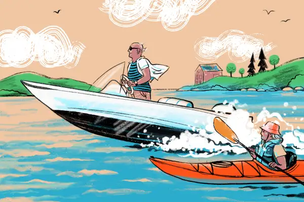 Illustration of a senior man in a big boat next too a senior woman in a small kayak